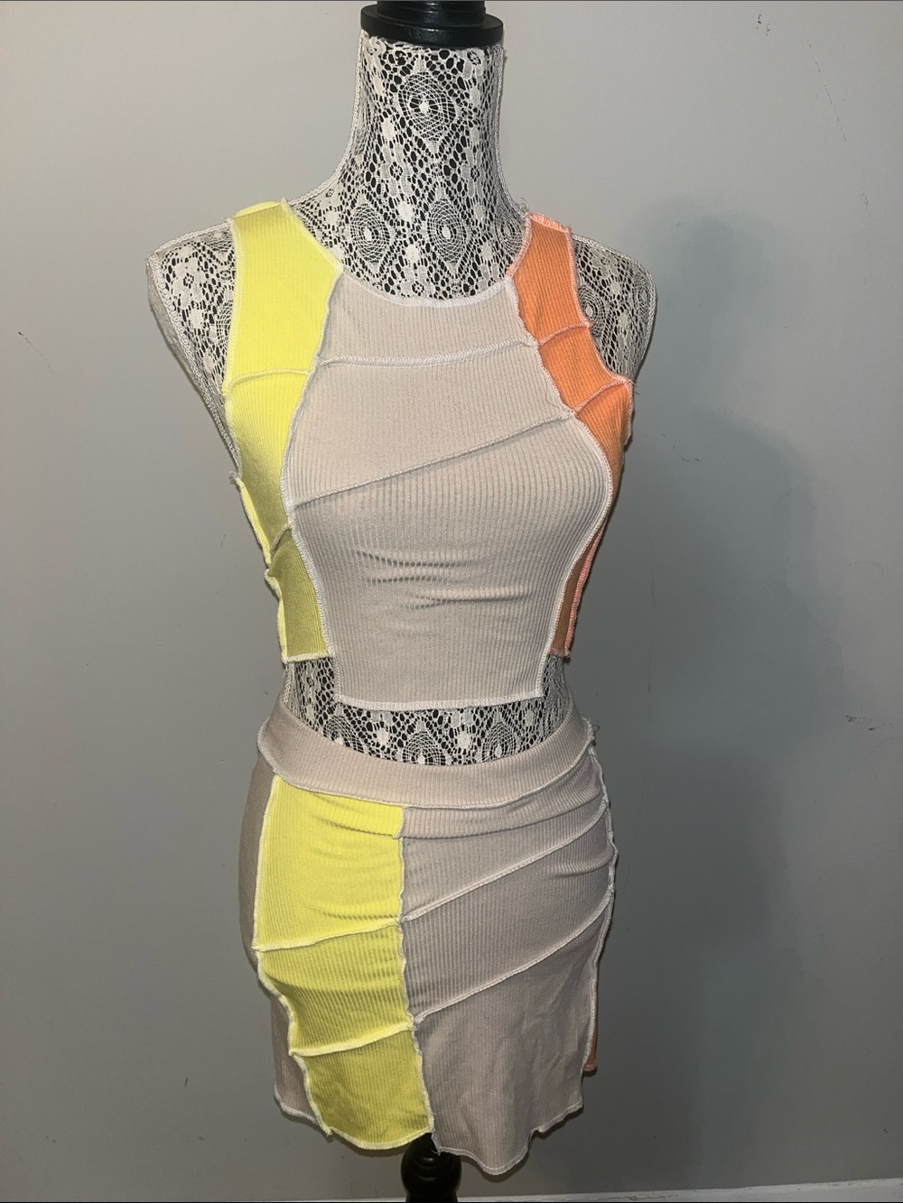 Fashion Nova Beige Mini Skirt with Yellow & Peach Colorblock Panels